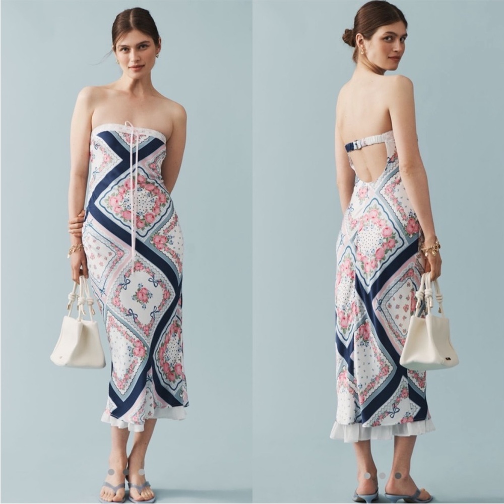 For Love & Lemons Strapless Midi Dress in White, Navy & Pink